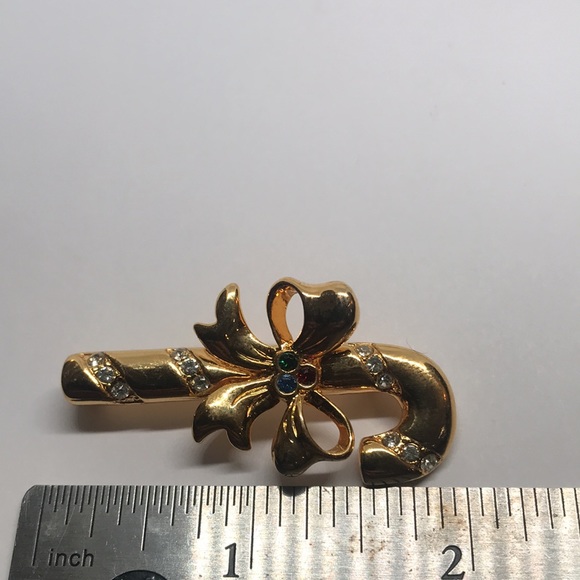 1995 Merksamer Candy Cane W/Bow Christmas Brooch Pin Gold Tone Red Green Blue - Picture 6 of 6